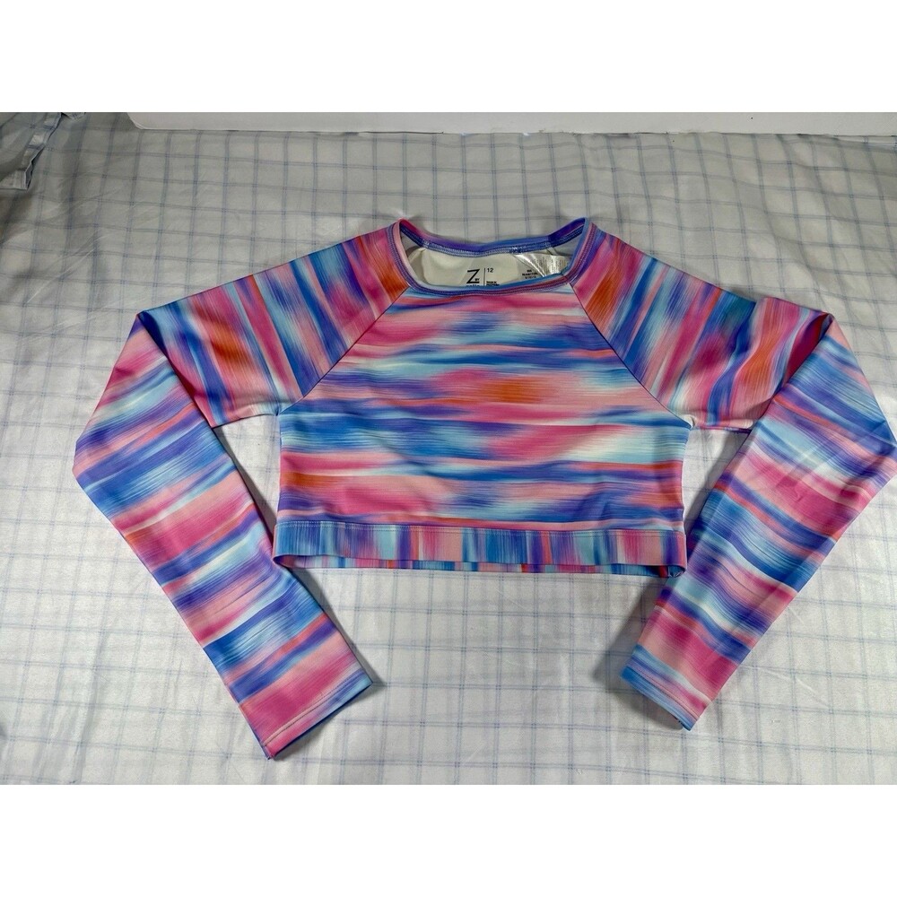 Z by Zella Girls Size 12 Long Sleeve Rash Guard Crop Top Swim Shirt Blue Pink